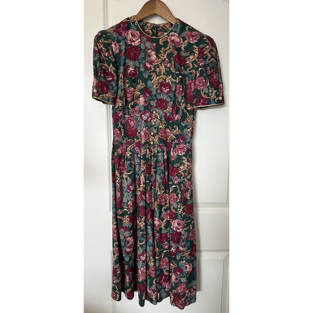 Vintage Romantic Floral Midi Dress Size 6 Green Roses Pearl Buttons 80s Bold - Picture 5 of 14